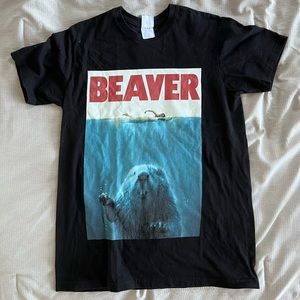 Jaws themed shirt with beaver head